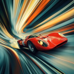 Red racing car speeding through a tunnel with motion blur in a cartoon style illustration