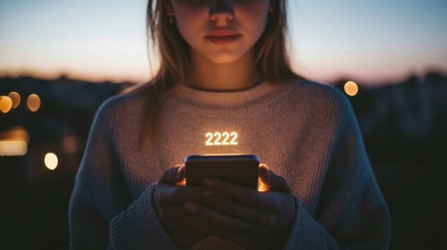 Woman gazes at phone displaying glowing angel number 222 in an enchanting city environment during twilight hours
