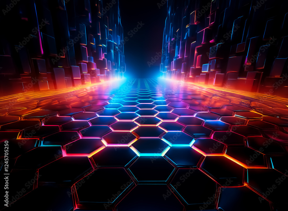 Poster futuristic corridor with glowing neon lights. hexagonal tiles and blocky walls create a vibrant, dig
