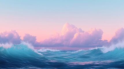 Naklejka premium A tranquil digital ocean scene, where the waves roll gently under a soft blue and pink sunset sky, creating a peaceful and calm landscape