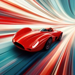 Red racing car speeding through a dark tunnel in a cartoon-style illustration with motion effects