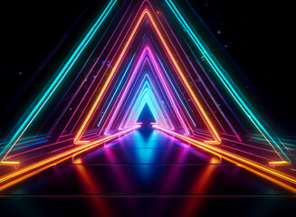 A tunnel of vibrant neon triangles glows in blue, pink, orange, and purple. Reflective black floor. Abstract, futuristic, and geometric design.