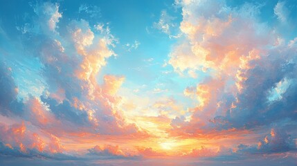 Ethereal Impressionist Landscape with Blue Sky and Wispy Clouds at Golden Hour