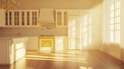 Fototapeta premium In a light-filled kitchen with dark hardwood floors and creamy white walls, you'll find custom modern farmhouse cabinetry with white shaker-style doors and brushed gold hardware