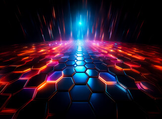 Futuristic abstract scene featuring hexagonal tiles floor, illuminated by vibrant neon blue, orange, and red lights, creating a digital pathway perspective.