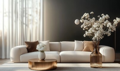 Modern Minimalist Living Room Design Cozy Beige Sofa Black and White Wall Elegant Decor 3D Rendering