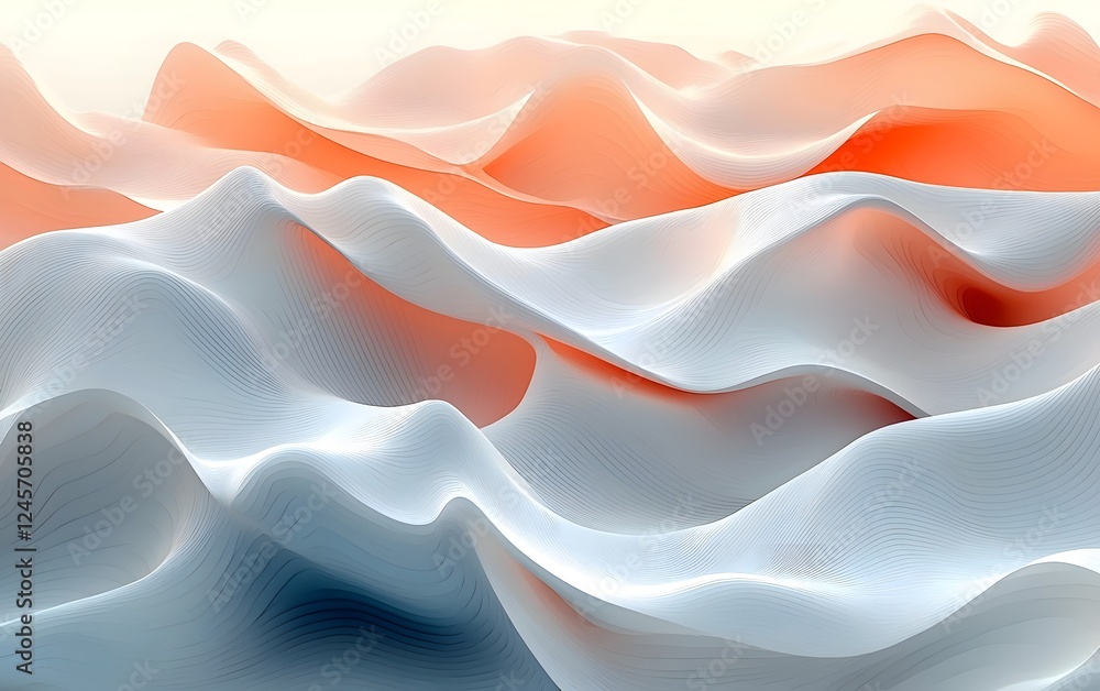 Poster an abstract landscape of flowing waves in soft hues of orange and white, creating a serene and calmi