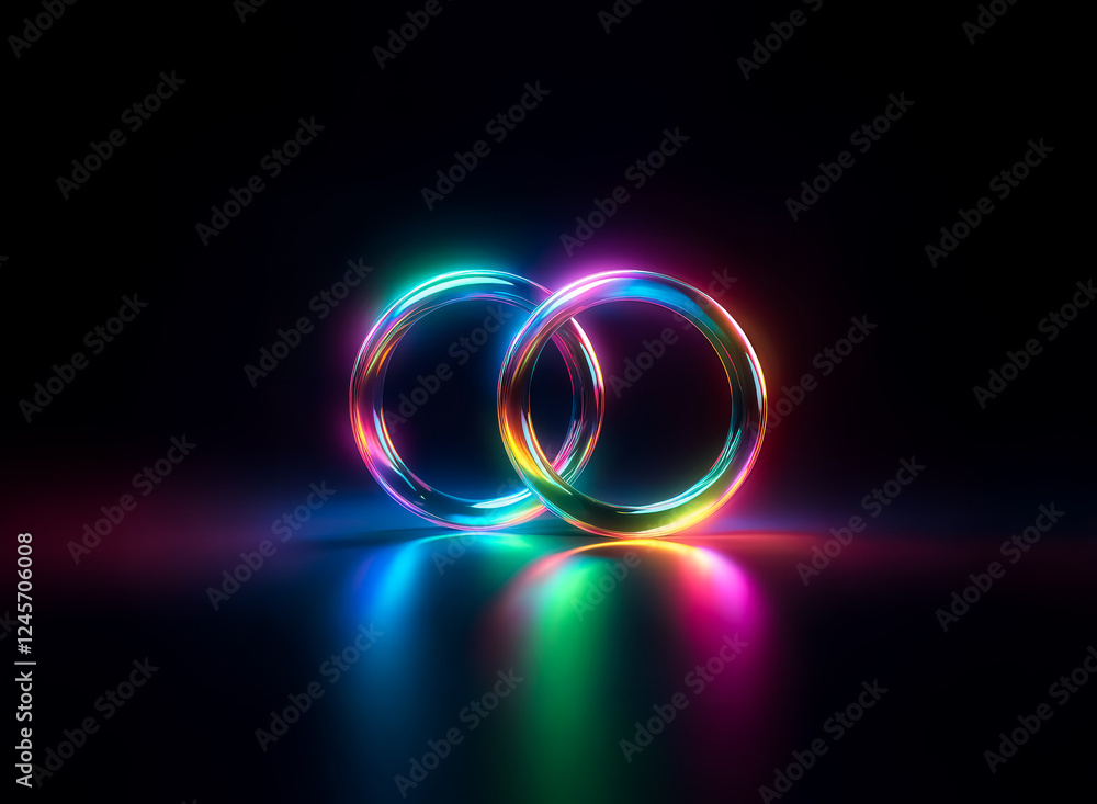 Poster two luminous rings, interlocked and glowing with vibrant neon colors, sit on a dark reflective surfa