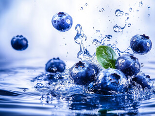 Fresh blueberries flying around to the water, refreshing, juicy. 