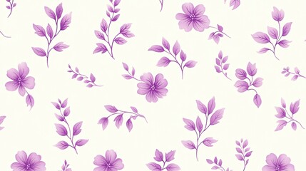 Elegant floral pattern featuring purple flowers and leaves on a light background, ideal for textiles