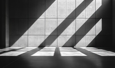 minimalist concrete wall interior empty room with high contrast black and white photography dramatic shadows texture symmetry clean lines