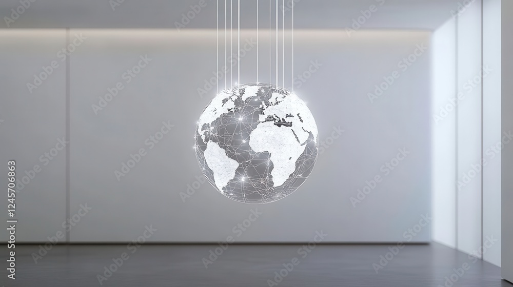 Poster modern 3d globe in bright room with illuminated world map