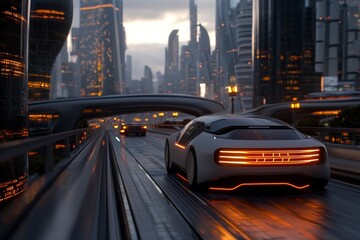 Naklejka premium Futuristic Electric Vehicle Glides Through Neon Cityscape at Dusk in a High-Tech Urban Environment