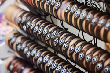 Various souvenirs in the form of bracelets on the arm and a stone from the evil eye