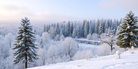 Naklejka premium Winter background of snow and frost covering a serene landscape of a forest, landscape, snow, scenic
