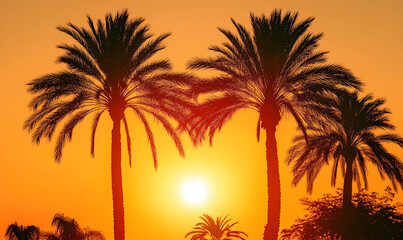 Obraz premium Palm Trees and Tropical Sunset Digital Poster with Soft Colors for a Relaxing Tropical Vibe