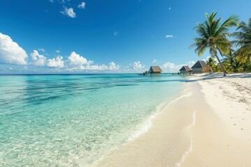 Fototapeta premium Serene Beach Landscape with Clear Turquoise Water and Palm Trees Beneath a Bright Blue Sky and Fluffy Clouds