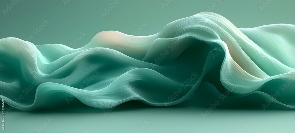Poster a mesmerizing wave of translucent teal fabric undulating gracefully, creating a sense of calmness an