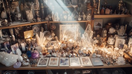 Mystical tarot reading with crystals, cards, and numerology symbols in an enchanting setting filled with artifacts