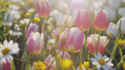 Colorful Tulips and Daisies in a Sunlit Spring Field