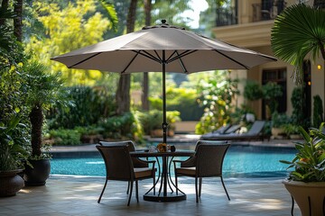 Luxurious resort pool area with umbrella, table, and chairs surrounded by beige tiles, garden background, creating a serene atmosphere for relaxation or social events.