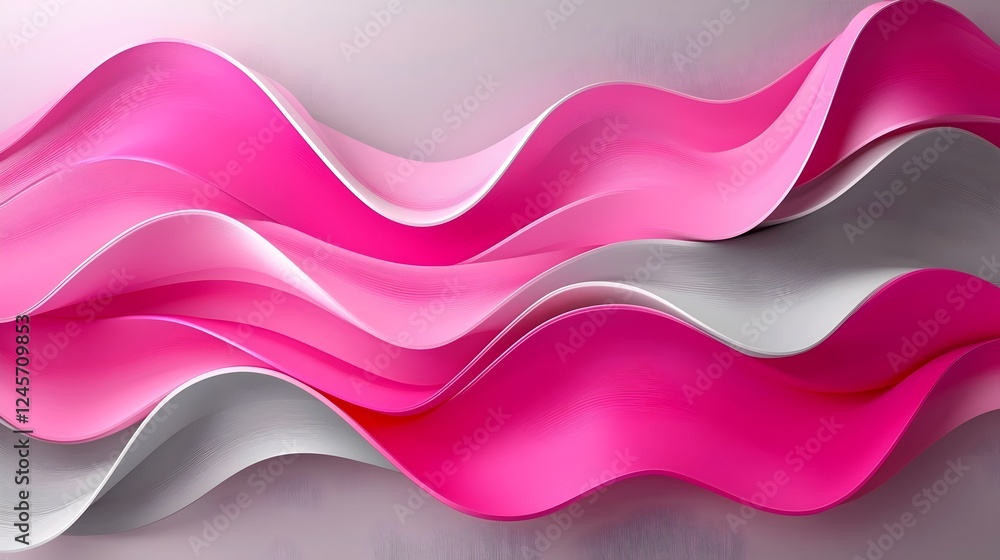 Poster an abstract composition featuring flowing pink and white waves, creating a sense of movement and dep