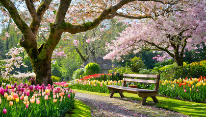 Fototapeta premium A wooden bench invites peaceful moments beneath blooming cherry trees, surrounded by colorful tulips in a tranquil garden.