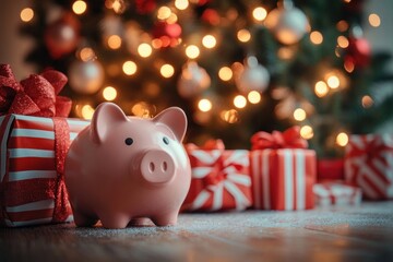 Christmas Piggy Bank Scene with Tree Gifts and Festive Decoration