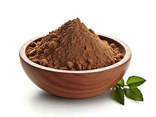 Dark Brown Cocoa Powder in Wooden Bowl with Green Leaves