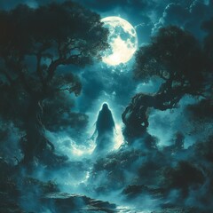 Deep within shadowy forest twisted trees loom large under a glowing full moon A ghostly figure with a dark aura stands in the center eyes glowing ominously filling the air with terror