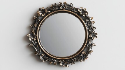 Elegant Round Mirror with Floral Frame Details and Reflection