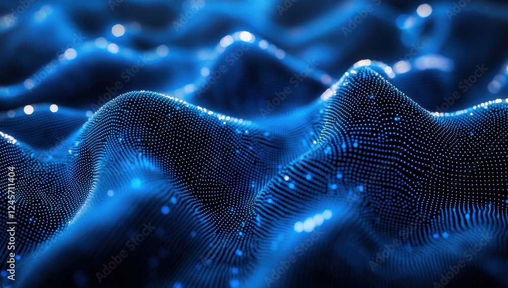 Poster abstract blue wave patterns with glowing particles in a three-dimensional digital landscape represen