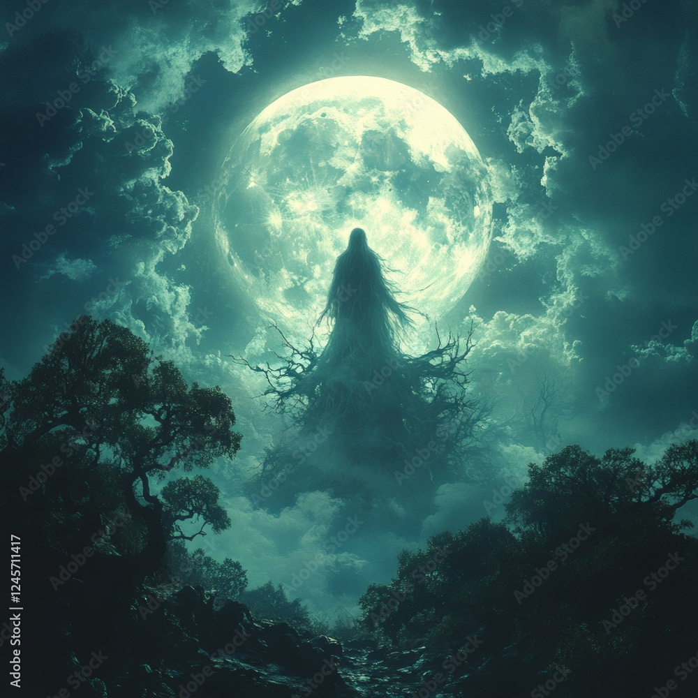 Poster deep within shadowy forest twisted trees loom large under a glowing full moon a ghostly figure with 