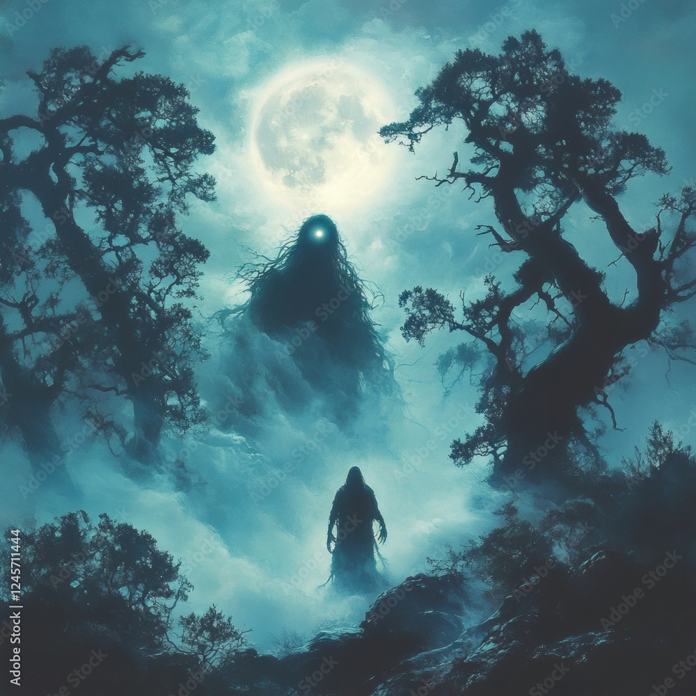 Poster deep within shadowy forest twisted trees loom large under a glowing full moon a ghostly figure with 
