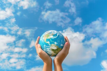 Hands holding a small globe against a bright blue sky with scattered clouds, symbolizing care, responsibility, and hope for the planet