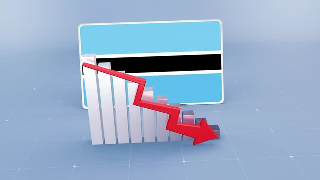 Botswana country flag and bar chart graph showing decreasing values a red arrow economic crisis concept. Flag of Botswana