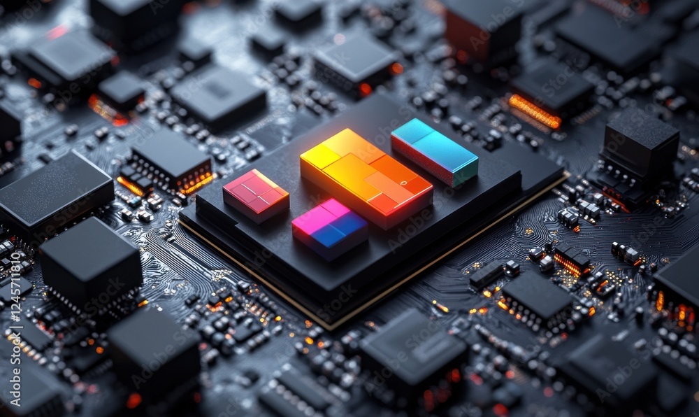 Poster abstract close-up of a detailed circuit board with colorful graphic elements representing high-tech 