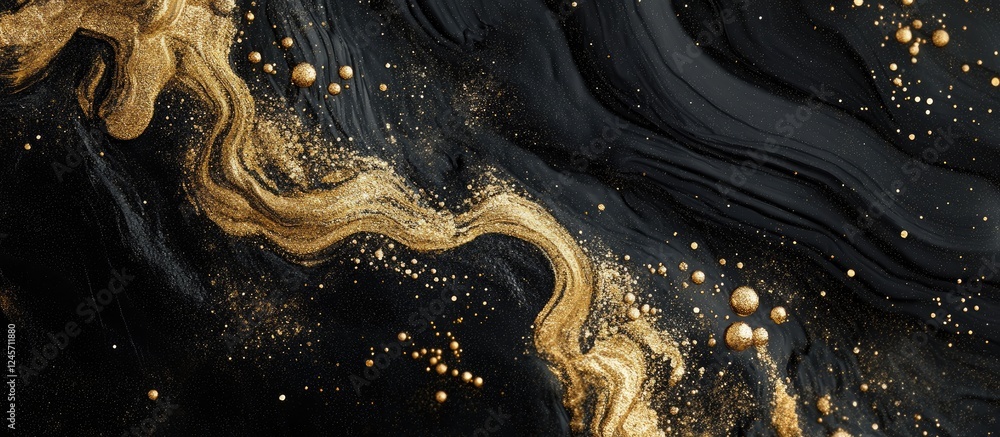 Poster abstract black and gold design featuring flowing metallic swirls and shimmering particles on a textu