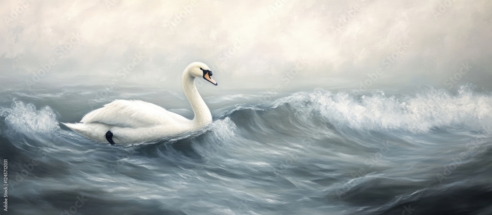 Poster elegant white swan gliding over soft blue waves against a blurry pastel background creating a serene