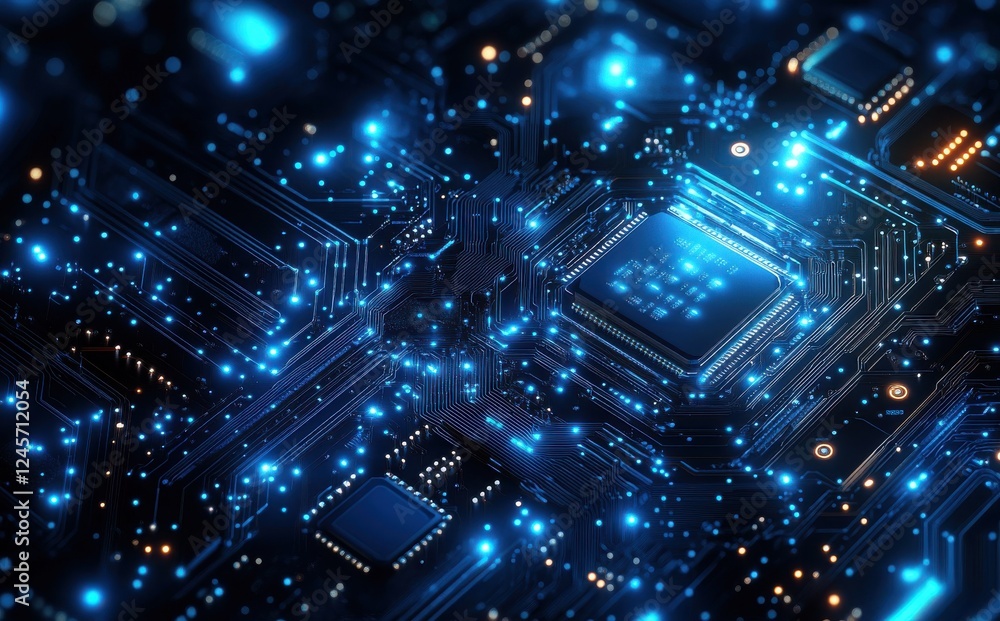 Poster abstract close-up view of a digital circuit board with blue glowing lights and intricate electronic 