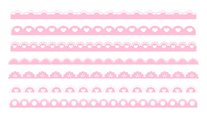 Scalloped pink border simple cute divider with heart and dots ornament edge cutout decoration isolated on white background. 
