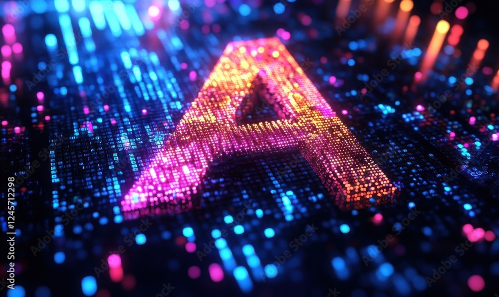 Poster abstract colorful glow of letter a in a digital background with vibrant lights and pixelated effects