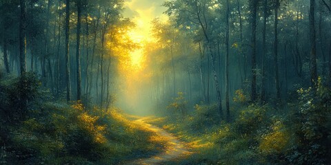 Fototapeta premium Dawn in the Forest with Soft Golden Light and Misty Pathway