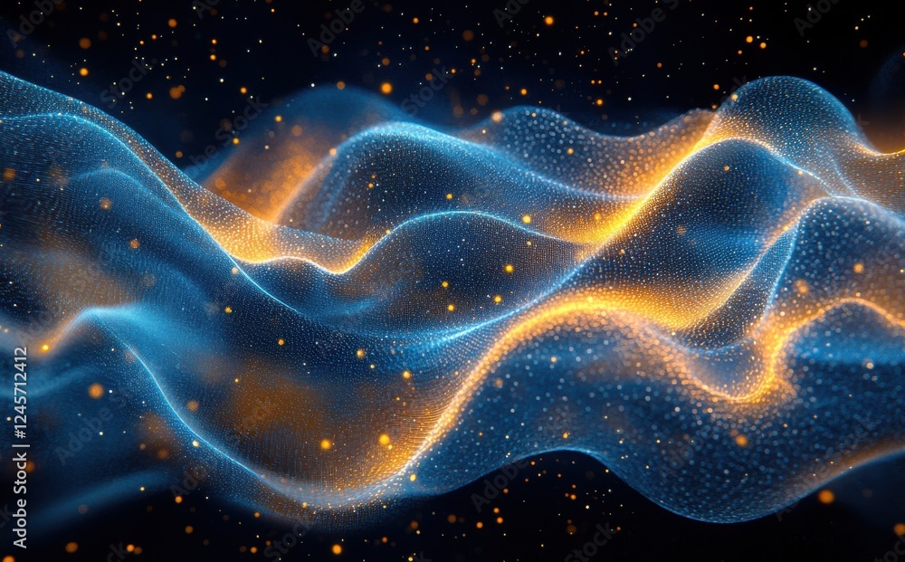 Poster abstract colorful light wave pattern with bright glowing particles in a dark background for digital 