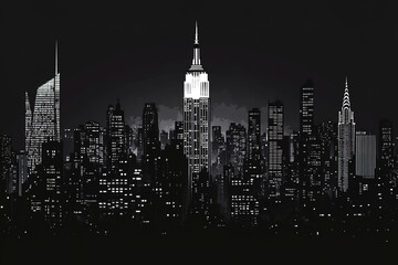 Manhattan Nightscape: Iconic Skyline Silhouettes, Dark City, New York City at Night, Dramatic Skyscrapers, Urban Nightscape, Glowing City Lights, Black and White Skyscrapers, Night Cityscape, Modern  