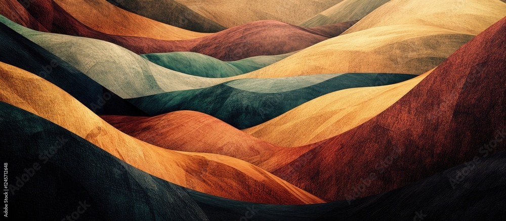 Poster abstract landscape with flowing waves in warm hues of orange, brown, and teal layered across the can