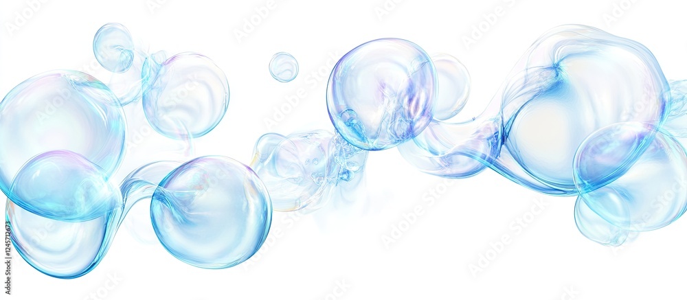 Poster delicate translucent blue soap bubbles floating in a wavy pattern against a bright white background 