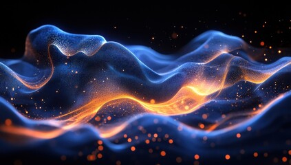 Fototapeta premium Abstract colorful texture with glowing particles and fluid shapes creating a mesmerizing wave pattern against a dark backdrop for creative projects