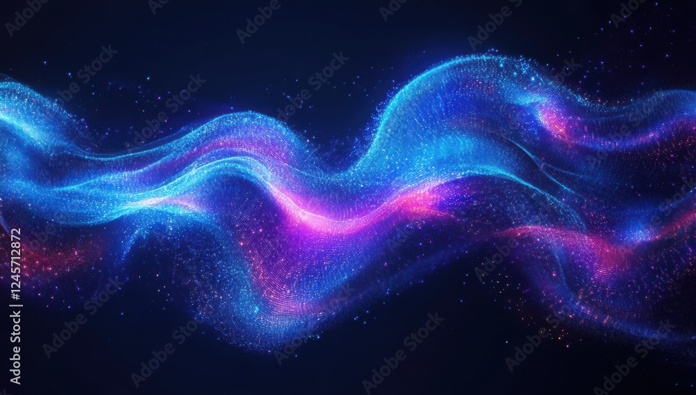 Poster Abstract colorful wave of glowing particles flowing in space, vibrant visual representation of energy and motion with a dark background