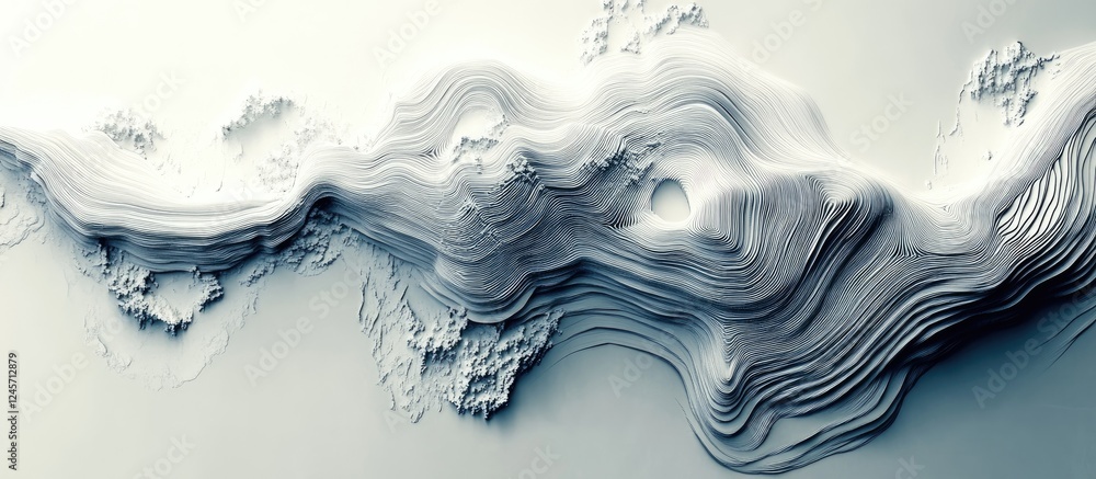 Poster abstract wave patterns in shades of white and light gray flowing horizontally across a smooth backgr